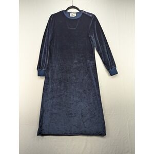 Vintage Butte Navy Blue Velour‎ Midi Dress Long Sleeve Button Shoulder Retro S